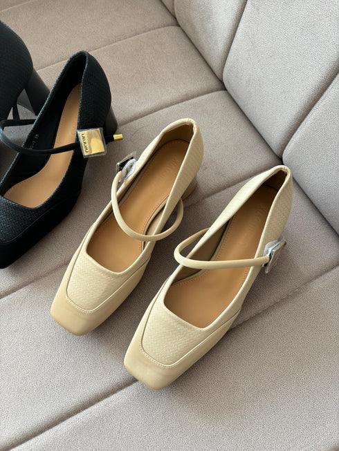High Quality Square Toe Buckle Marry Jane Block Heels